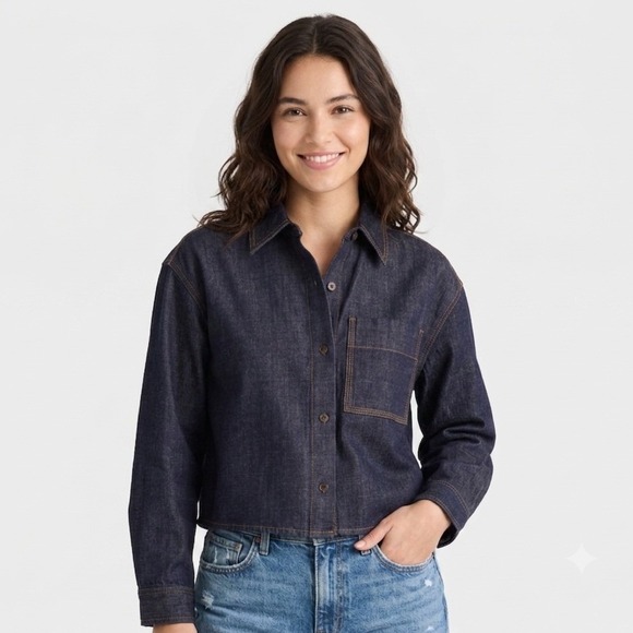 Madewell Tops - Madewell Womens Medium Blue Denim Straight Hem Shirt Rinse Wash Rigid NZ025